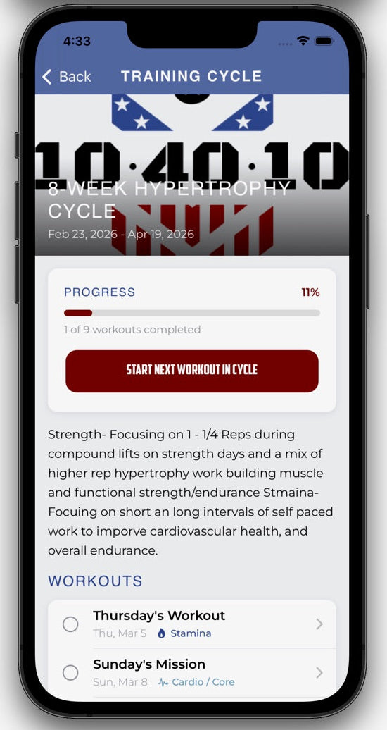 Phone screen displaying a training cycle app with workout schedule and progress bar.