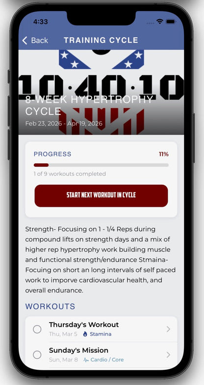 Phone screen displaying a training cycle app with workout schedule and progress bar.